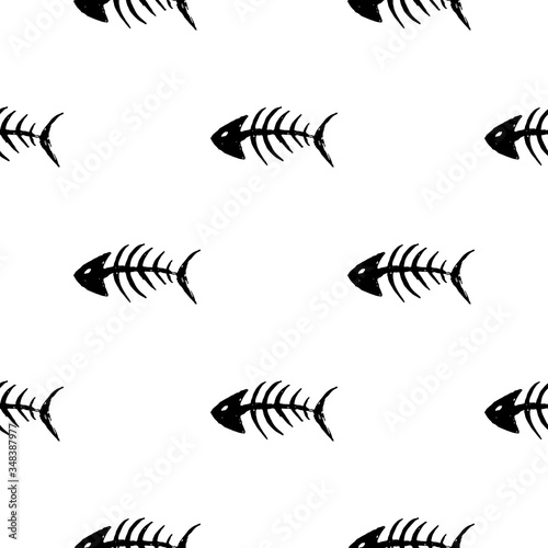 Fish bones Seamless pattern. Fish skeleton doodle, Hand drawn Cartoon Vector illustration