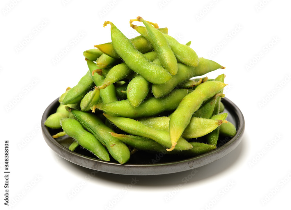 Edamame, boiled green soy beans, famousjapanese food on white background Edamame, boiled green soy beans, famousjapanese food on white background