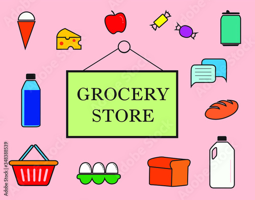 Grocery Store Sign and Icon Set in Pastel Colors