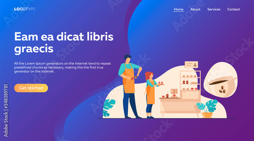 Baristas in coffee shop. Man and woman in aprons making coffee, offering takeaway cup at stand with machine and dessert. Vector illustration for coffee station, food and drink, cafe concept