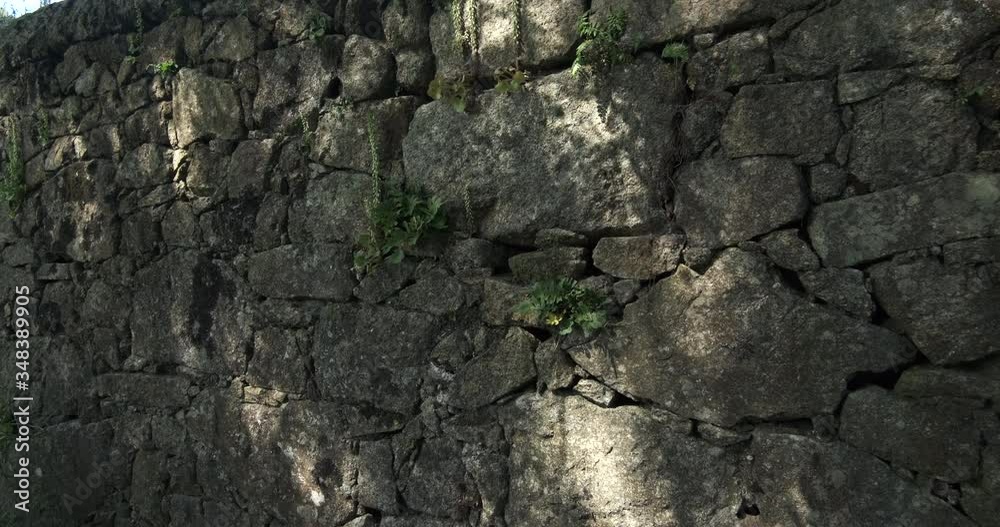 Old stone wall with shadows cast by tree branches swaying in wind. Old stone wall with shadows cast by tree branches swaying in wind.