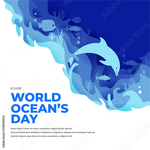 world ocean day paper art concept with dolphin and seaweed