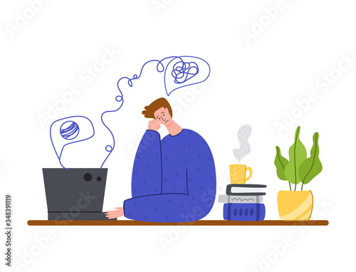Psychological servise online, personal assistance. Upset confused man in trouble calling to psychologist on laptop, costumer on individual therapy session, helpful consultation and support - vector