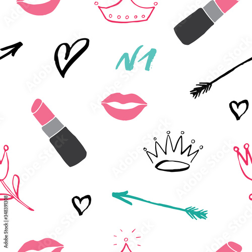 Lipstick seamless pattern, hand drawn fashion and beauty items, vector illustration