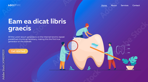 Team of dentists taking care of teeth. Small doctors examining, treating, cleaning, brushing big tooth. Vector illustration for cavity, caries, dental care, stomatology concept