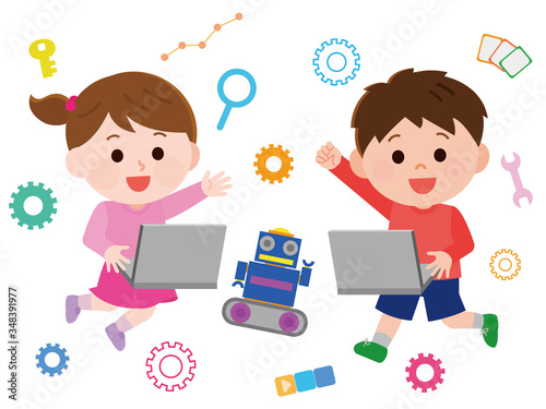 プログラミング学習　男の子　女の子　イラスト