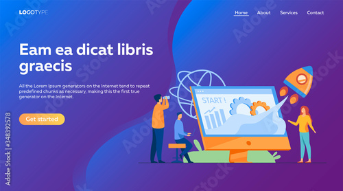 Team starting project. Workgroup working on startup, launching rocket from monitor with growth chart. Vector illustration for new business idea concept