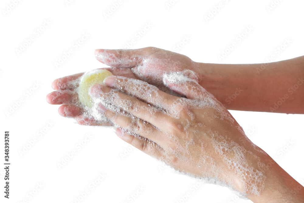 Beautiful woman's hands wash their hands with foam soap to wash the skin, protect from germs and coronavirus in the hands On isolated white background, Concept of cleanliness .With clipping path