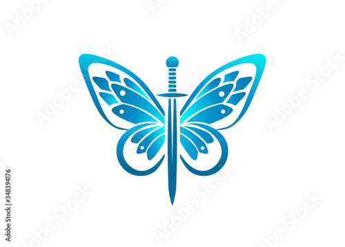 Sword and butterfly wings color logo vector template illustration