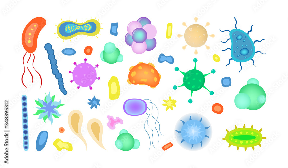 Cartoon viruses and bacteria flat icon collection. Epidemic cells and ...
