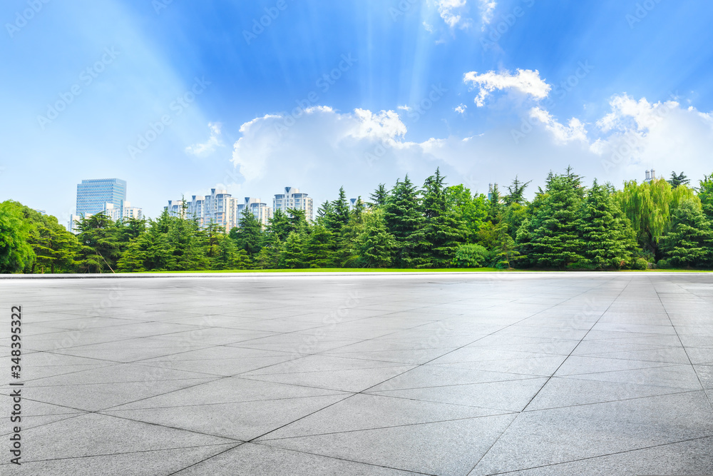 Empty square floor and city skyline with buildings in shanghai,China.