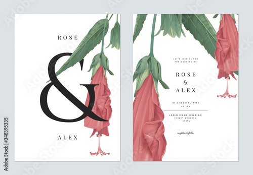 Floral wedding invitation card template design, red sleeping hibiscus flowers with ampersand lettering on white