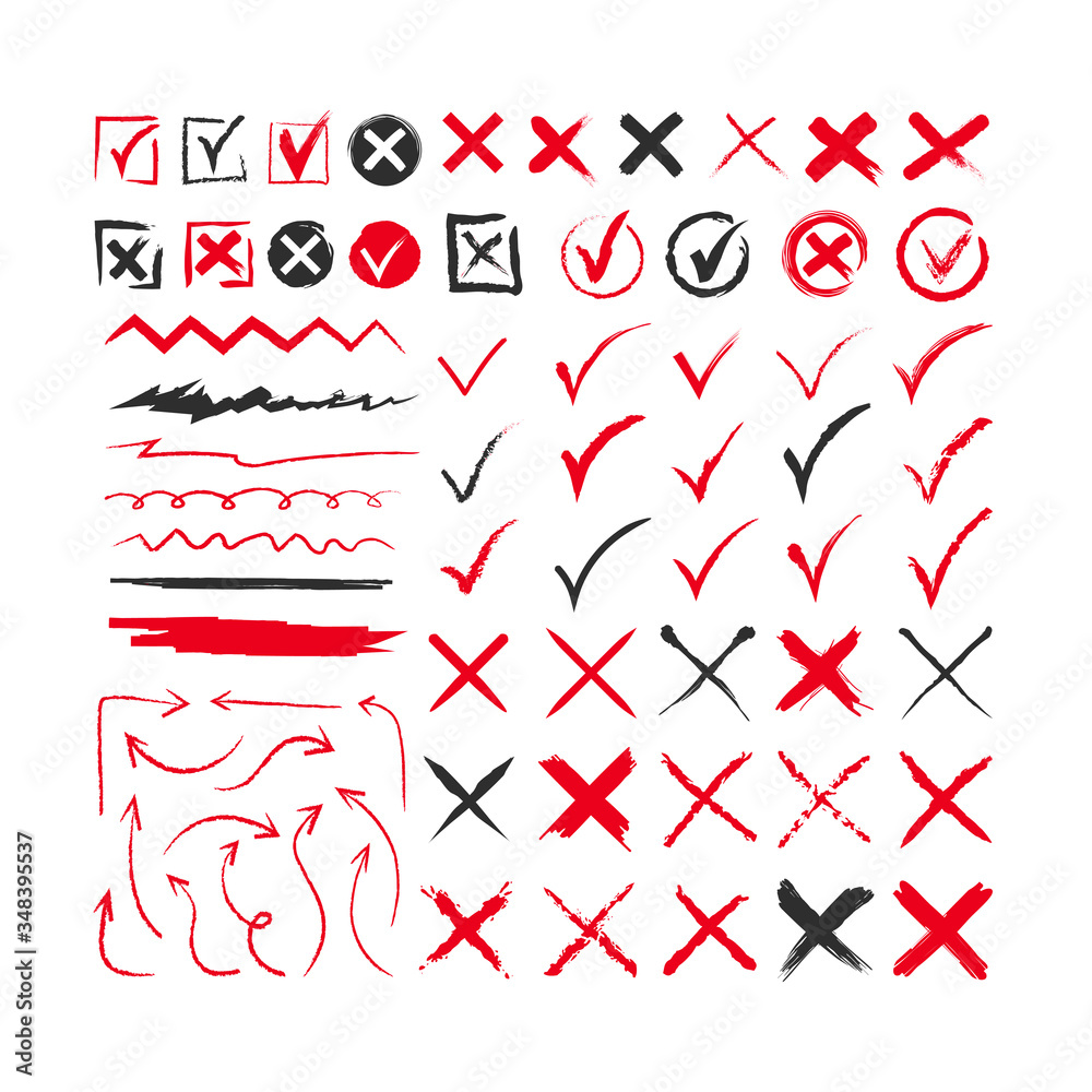 Different chalk marks flat icon collection. Arrows, correct and check