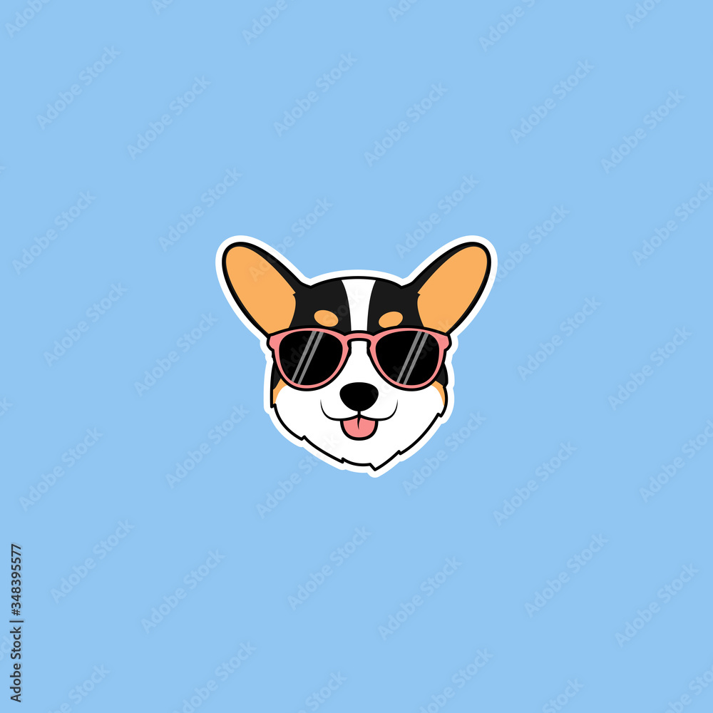 Cute tricolor dog face with sunglasses cartoon, vector