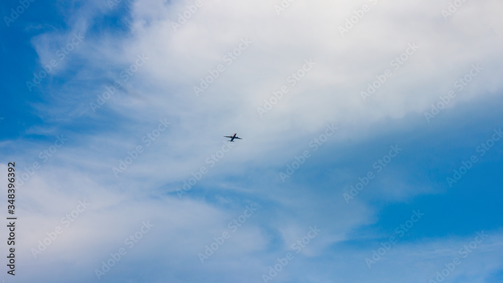 A plane flying through a cloudy blue sky
