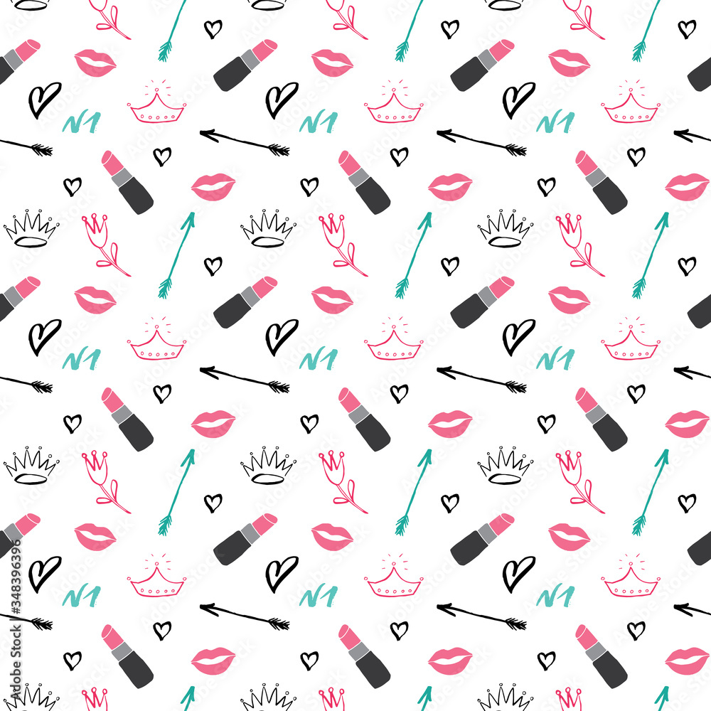 Lipstick seamless pattern, hand drawn fashion and beauty items, vector illustration