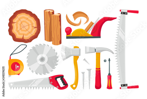 Set cartoon woodworking tools vector illustration isolated on white background. Wood, circular saw, two-handed saw, planer, ax, hammer, nails, screwdriver, tape measure. Carpentry equipment elements. 