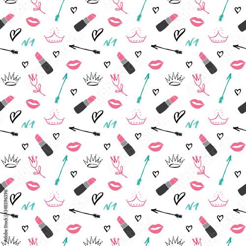 Lipstick seamless pattern, hand drawn fashion and beauty items, vector illustration