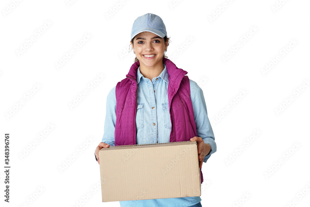 Smiling young hispanic latin woman courier looking at camera holding delivery box in hands concept carrying parcel working in delivering company standing isolated on white studio background. Portrait Smiling young hispanic latin woman courier looking at camera holding delivery box in hands concept carrying parcel working in delivering company standing isolated on white studio background. Portrait