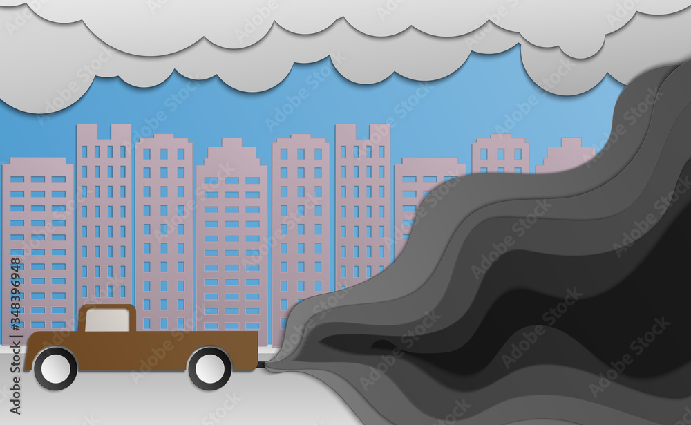 Naklejka premium Air pollution from diesel car produce smoke pm 2.5 , paper cut style.