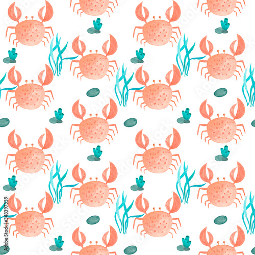 Watercolor seamless pattern of the marine theme- crab, seaweed on white background. Hand drawn. Fresh ocean illustration. Perfect for wallpapers, web page backgrounds, surface textures, fabric, paper.