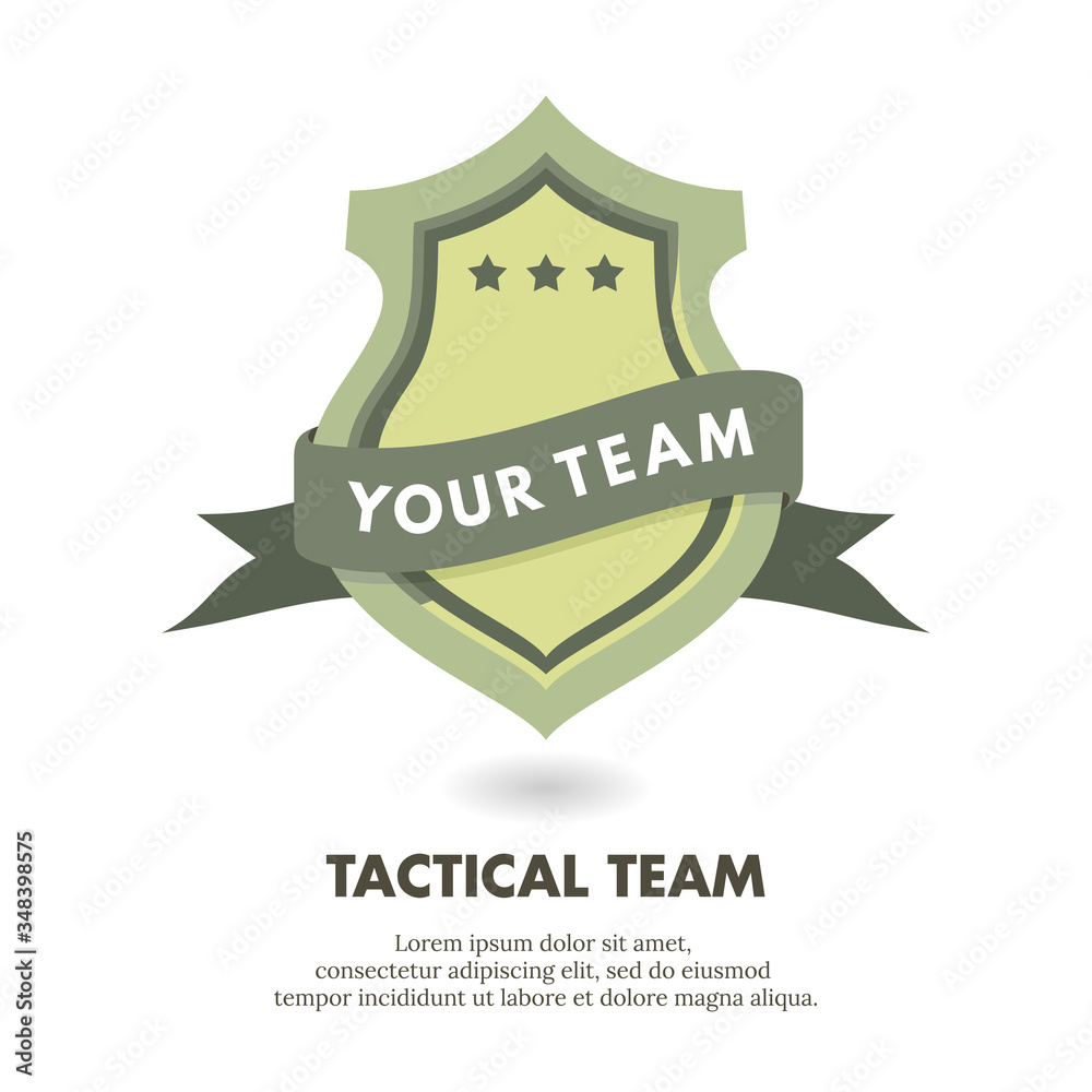 Vector illustration of a shield logo wrapped in a ribbon. Suitable for military tactical team logos, security groups and security services. Premium quality military shield icon.