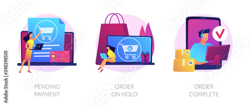 Electronic payment system, internet shopping, commercial business icons set. Pending payment, order on hold, order complete metaphors. Vector isolated concept metaphor illustrations