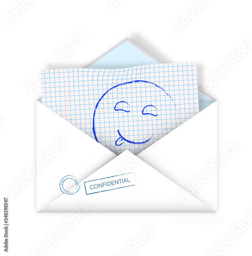 realistic detailed open mail envelope with a notebook sheet and a painted smile. Unexpected pleasant surprise. Isolated vector on white background