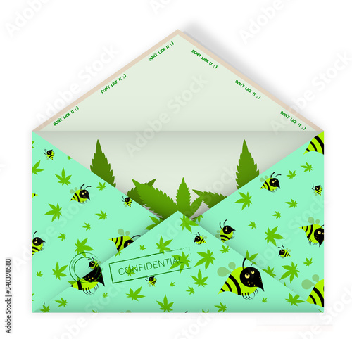 realistic open mail envelope with hemp leaves inside. Pattern of leaves and bees. Unexpected pleasant surprise. Funny gift. Isolated vector on white background