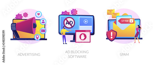SMM business, annoying online notifications and internet newsletter protection icons set. Advertising, ad blocking software, spam metaphors. Vector isolated concept metaphor illustrations
