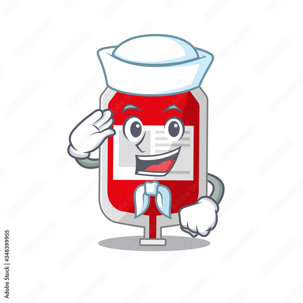 Smiley sailor cartoon character of blood plastic bag wearing white hat and tie