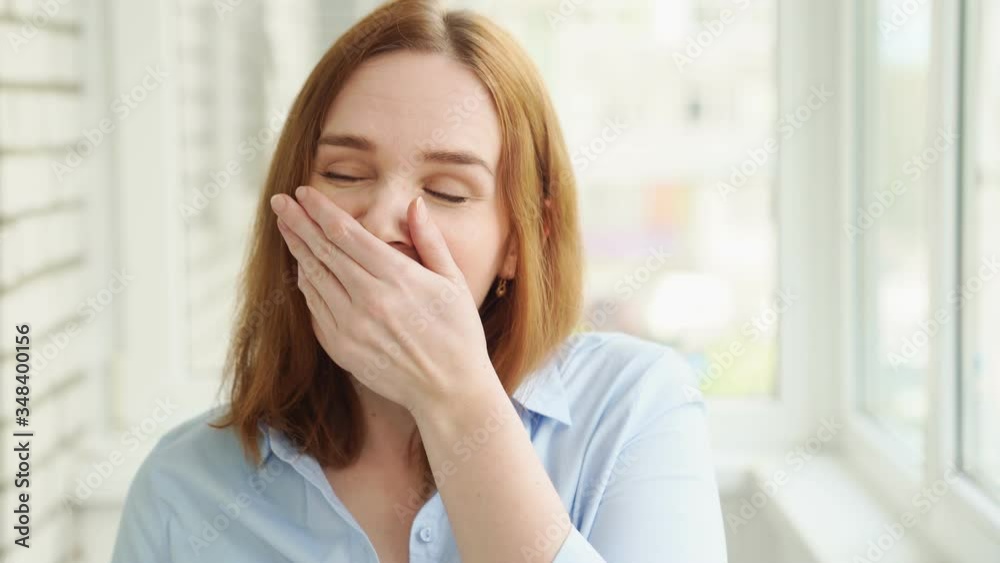 Sleepy woman cleans teeth electric toothbrush Sleepy woman cleans teeth electric toothbrush