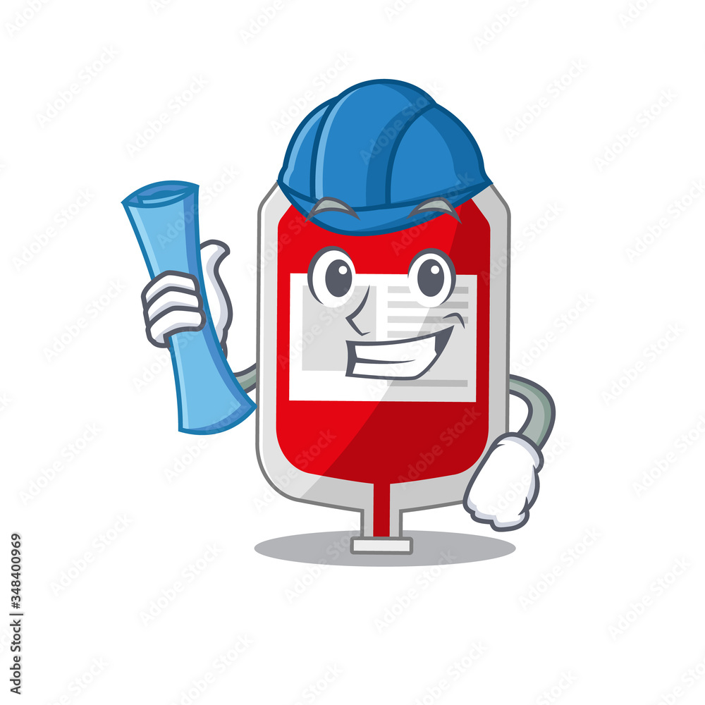 caricature picture of blood plastic bag Architect with blue prints