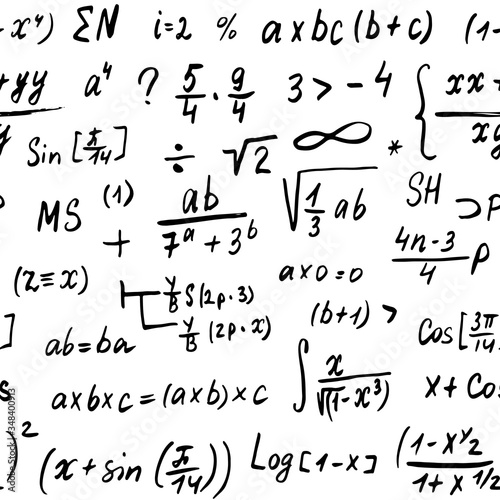 Math formulas seamless pattern, hand drawn, mathematical equations, vector illustration