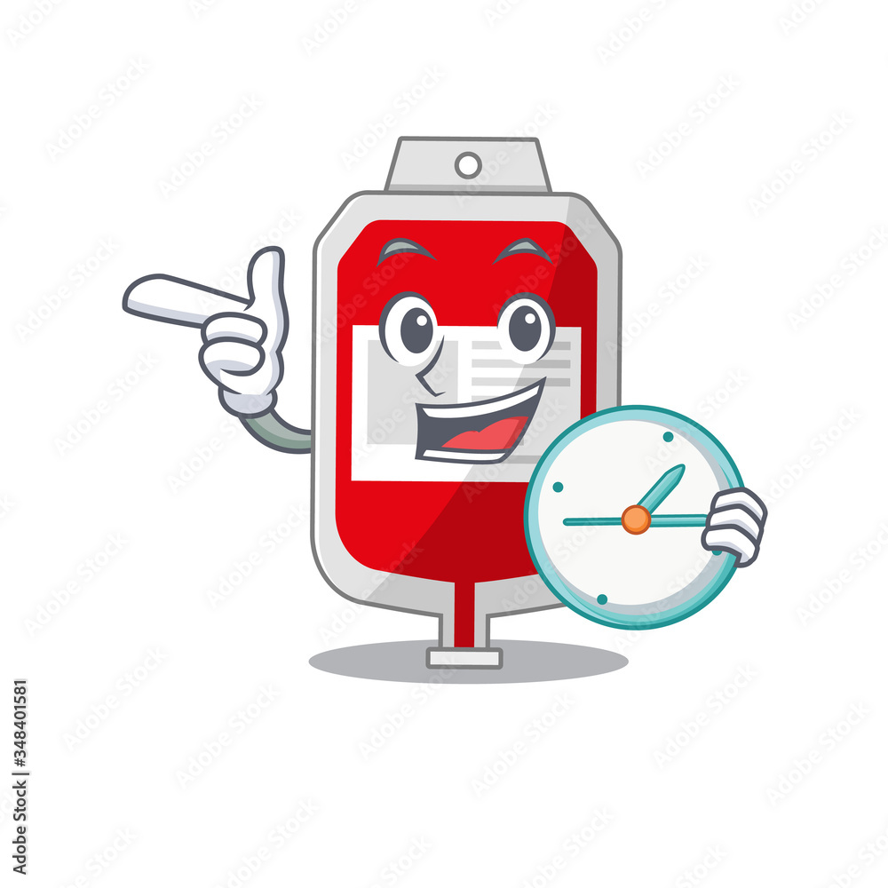 mascot design style of blood plastic bag standing with holding a clock