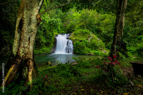 Waterfall landscape. Beautiful hidden Canging waterfall in tropical jungle in Sambangan, Bali. Slow shutter speed, motion photography. photo