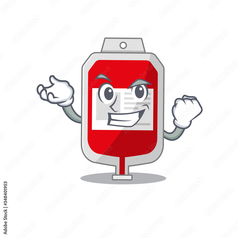 A funny cartoon design concept of blood plastic bag with happy face