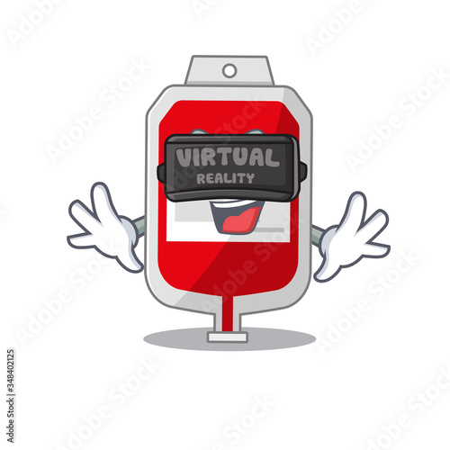 A cartoon image of blood plastic bag using modern Virtual Reality headset