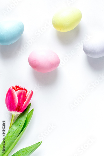Fototapeta Naklejka Na Ścianę i Meble -  Easter concept on white background top view mockup