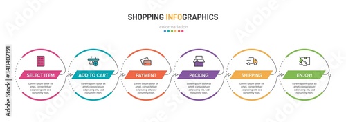 Concept of shopping process with 6 successive steps. Six colorful graphic elements. Timeline design for brochure, presentation, web site. Infographic design layout.
