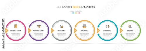 Concept of shopping process with 6 successive steps. Six colorful graphic elements. Timeline design for brochure, presentation, web site. Infographic design layout.