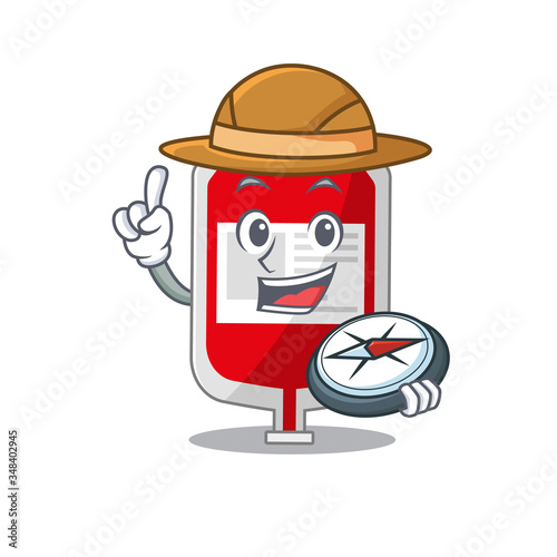mascot design concept of blood plastic bag explorer using a compass in the forest