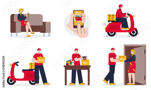 Food fast delivery and online store shipping set vector illustration isolated.