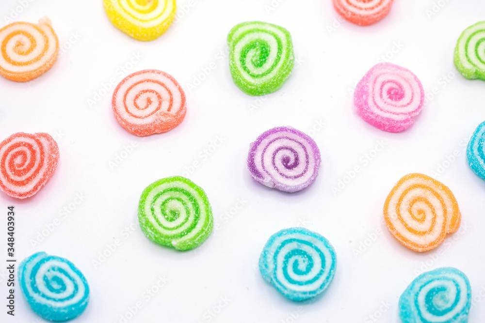 Colorful jelly candies isolate on white background.Top view  juicy gummy candies background.