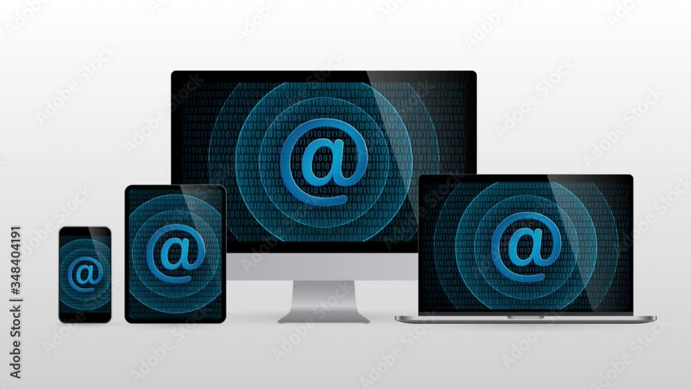 Computer devices with at sign internet symbol. Realistic set monitors desktop laptop tablet and phone with At-Sign icon in screen and light gradient background.