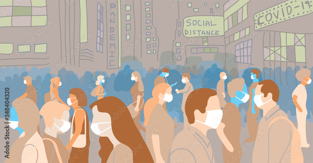Covid-19 pandemic flat art concept illustration. Crowed streets with people wearing a face mask as the walk in the city with billboard signage about coronavirus.