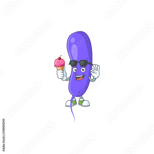 Happy face of cholerae cartoon mascot having an ice cream