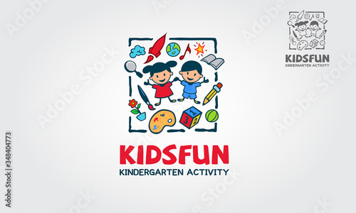 Kids Fun Kindergarten Activity Logo Template. Logo of stylized and funny learning elements for kids, for all creative business, consulting, etc.