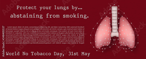 Clear human lung protected by net with slogan and the day, name of event with example texts isolate on red background. Card and poster's campaign of World no tobacco day in banner vector design.