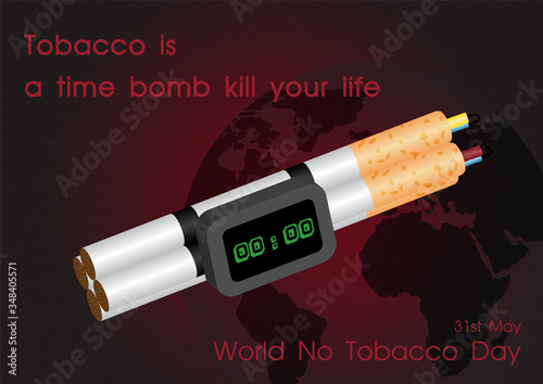 Tobacco in a time bomb shape with slogan and the day, name of event on globe and red gradient background. Card and poster's campaign of World no tobacco day in 3d style and vector design.